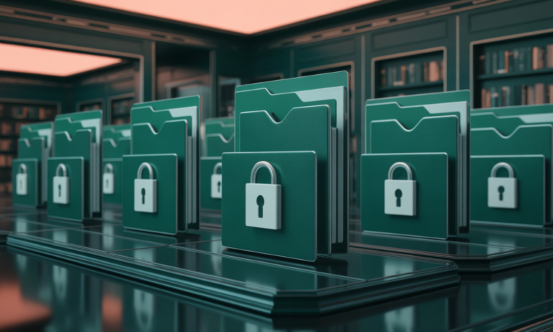 Futuristic green conference room with digital security shields representing advanced technology and cybersecurity