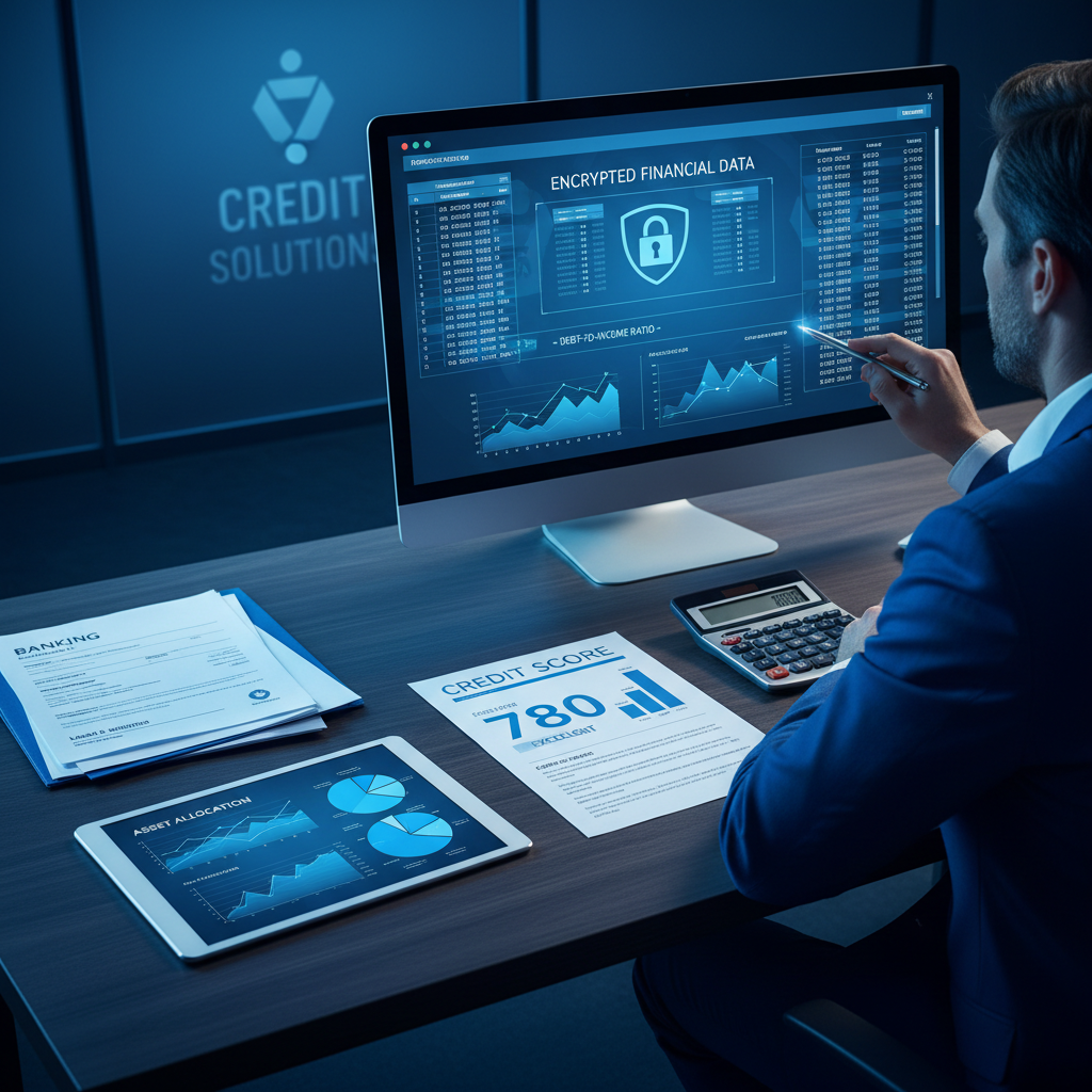 Credit and financial checks with credit score reports, financial charts, and banking documents