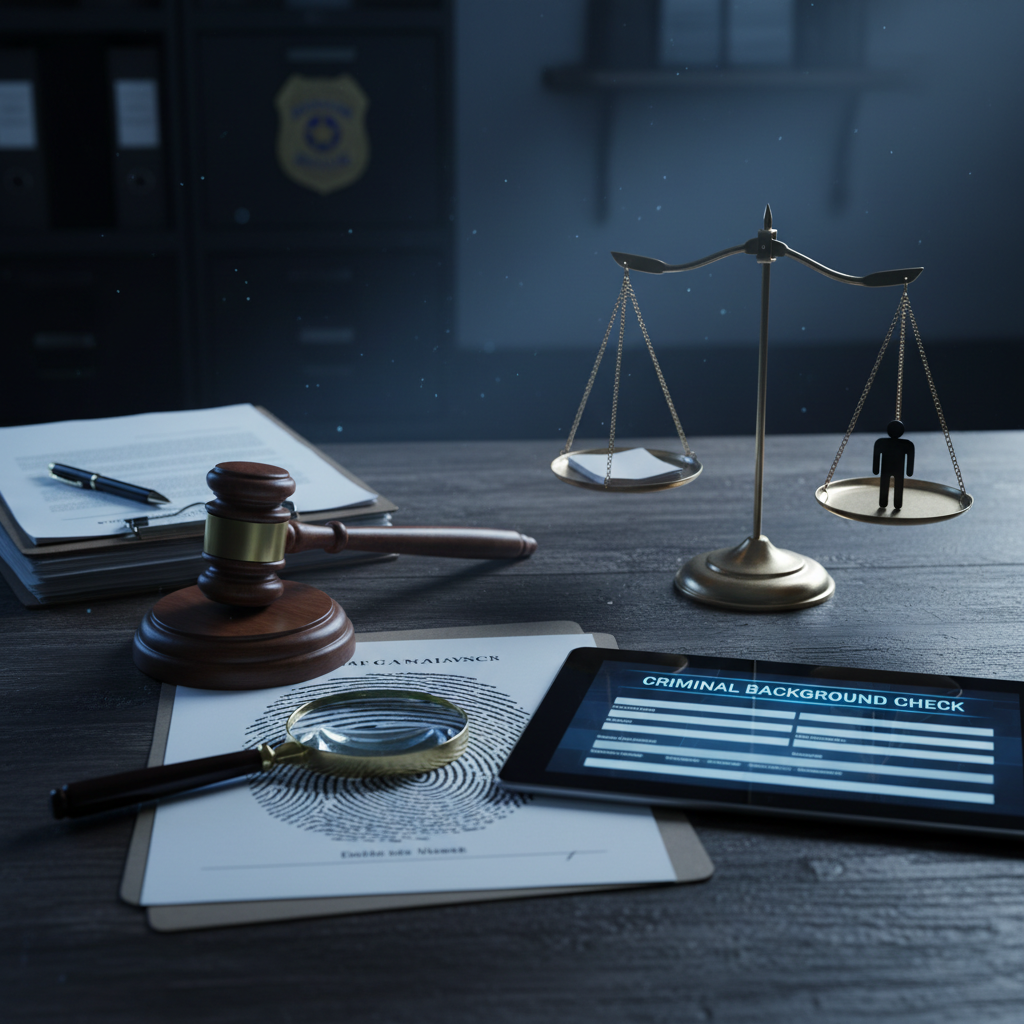 Criminal background check with legal documents, gavel, and justice scales