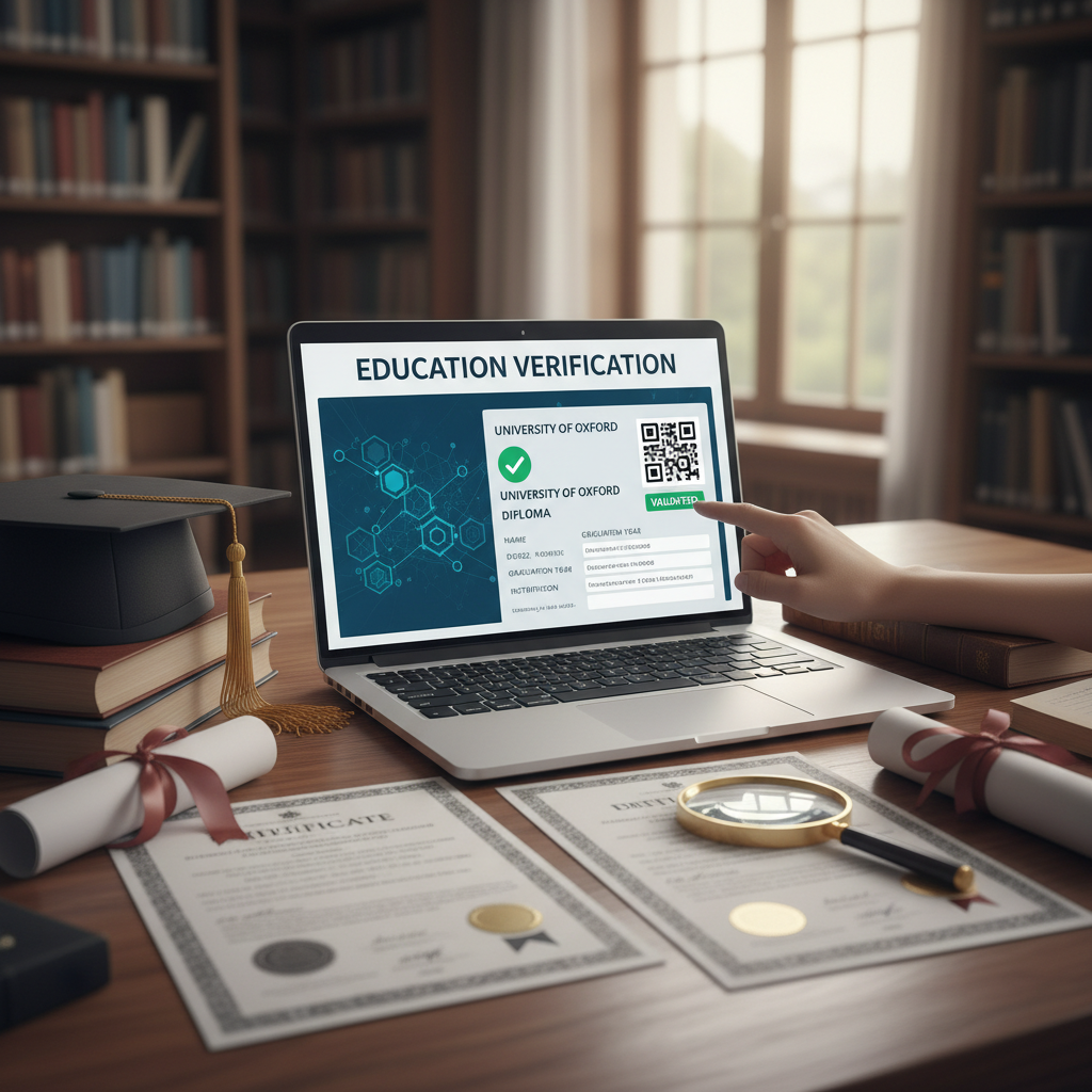 Education verification with university diplomas, academic transcripts, and digital credential validation