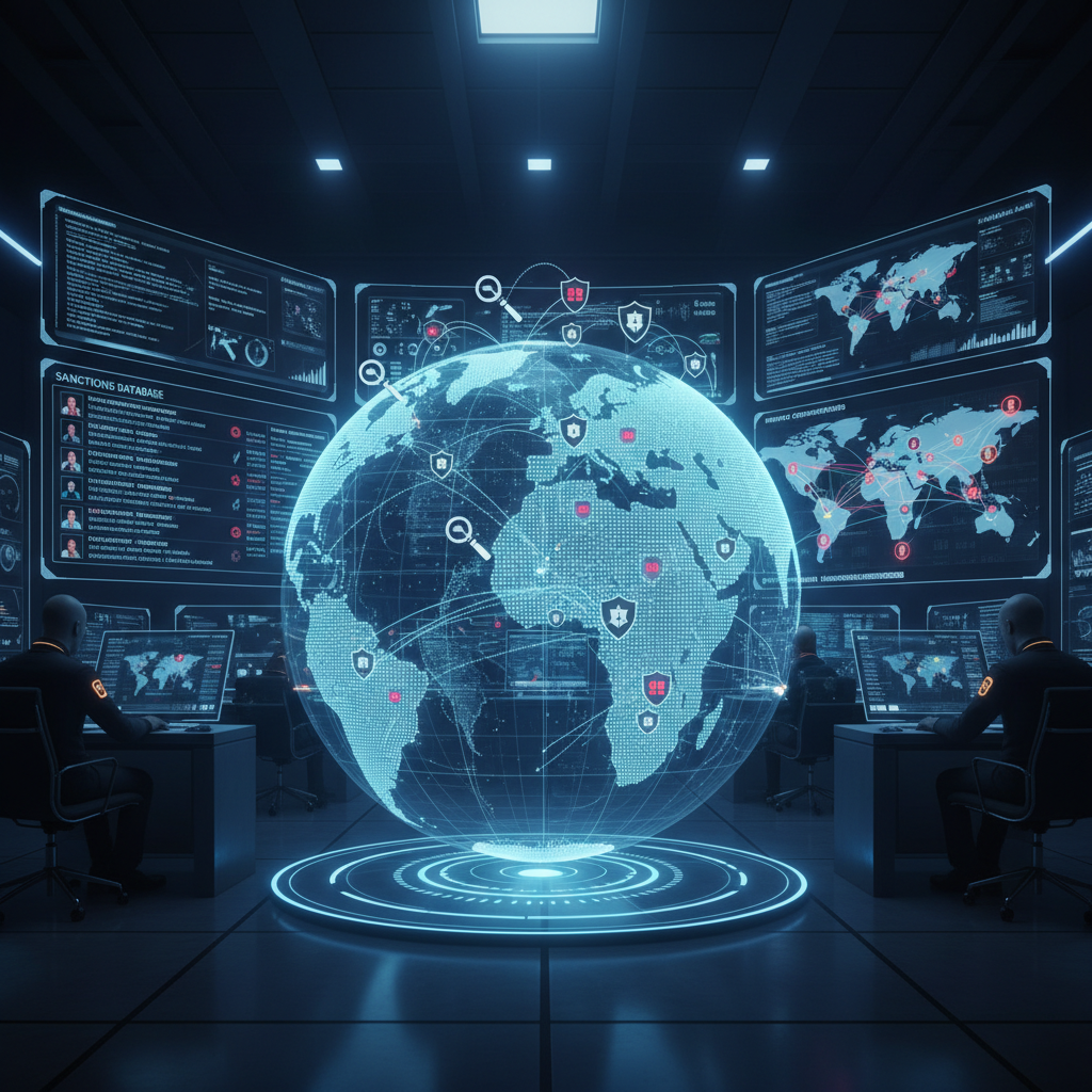 Global database screening with illuminated world map and international watchlist network connections