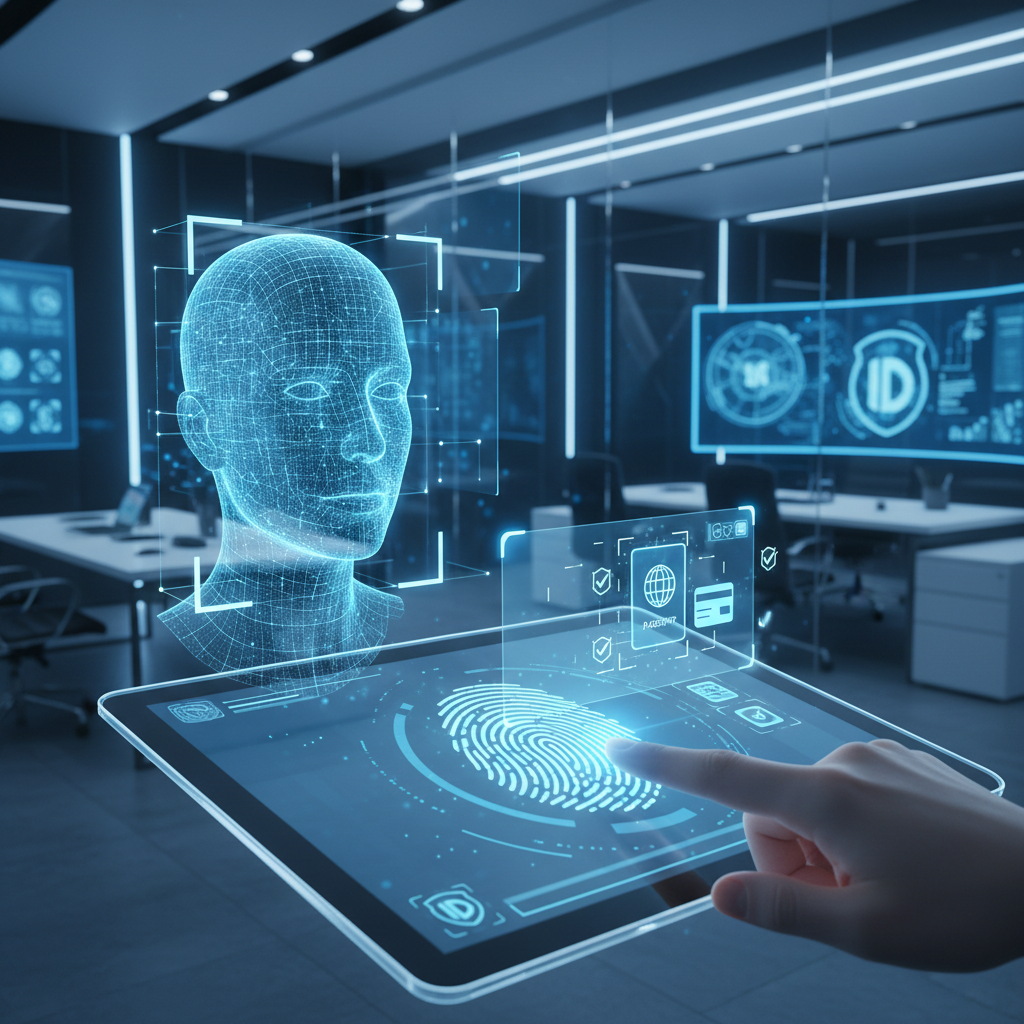 Professional biometric identity verification technology with digital fingerprint scanning and facial recognition